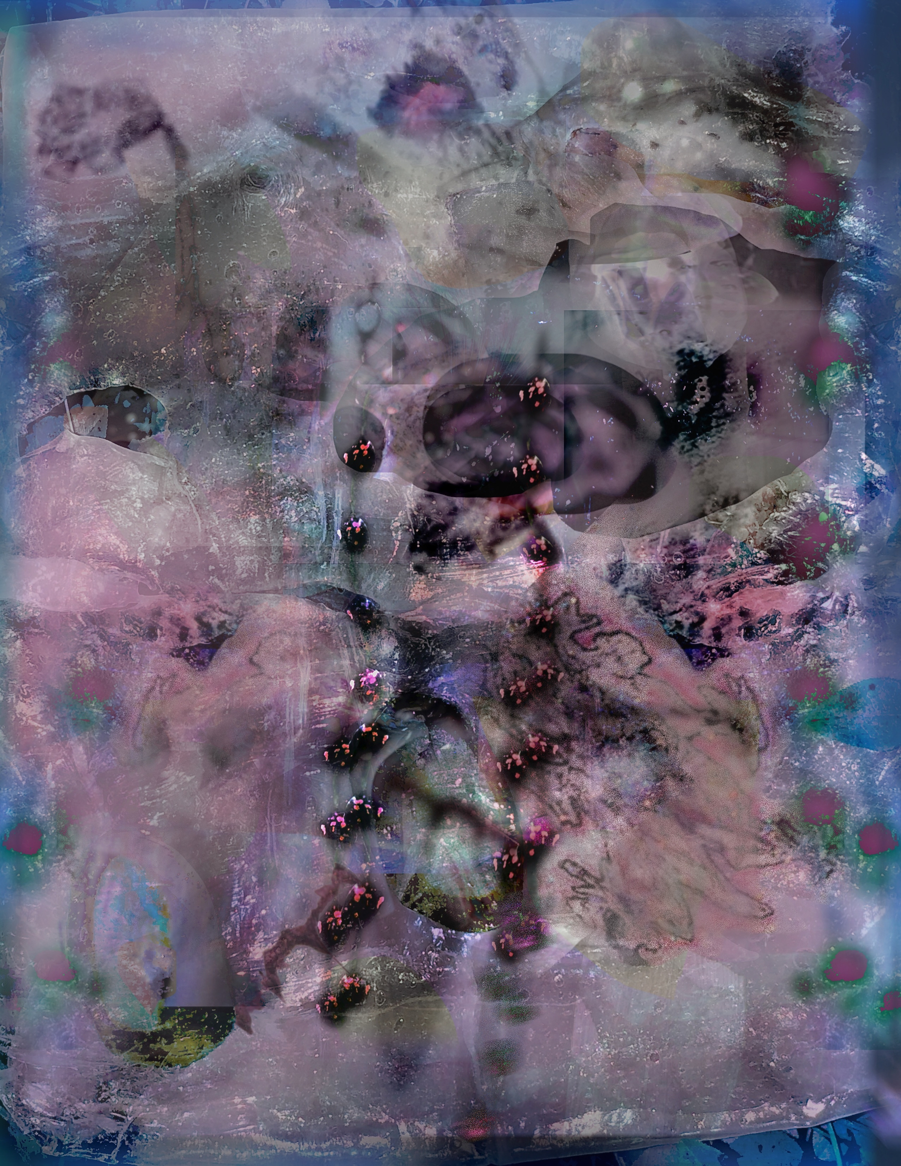 An abstract composition features a blend of dark and pastel hues with swirling patterns and indistinct shapes creating a dreamy, textured effect.