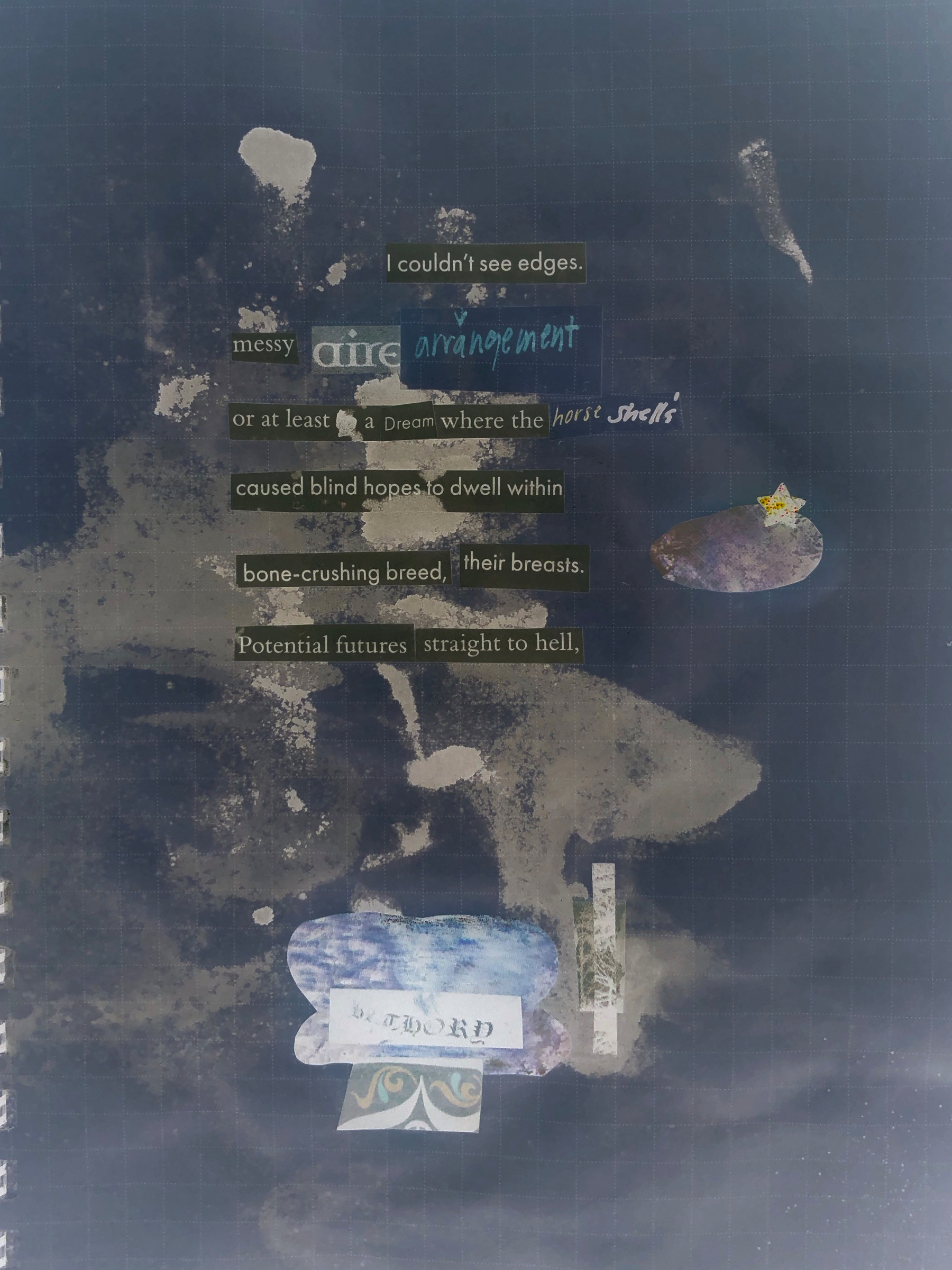 Auto-generated description: A poetic collage features various phrases about dreams, hopes, and bleak futures arranged artistically on a dark, textured background with clouds and abstract shapes.