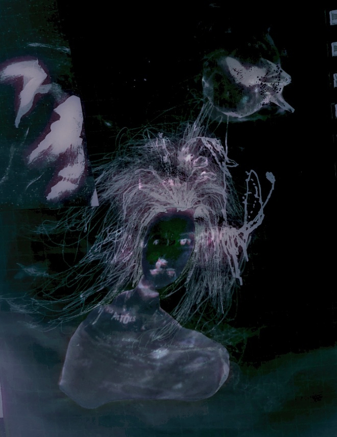 Auto-generated description: A dark, abstract portrayal of a figure with wild, scribbled hair and indistinct facial features is contrasted against a shadowy background with hints of other ghostly shapes.